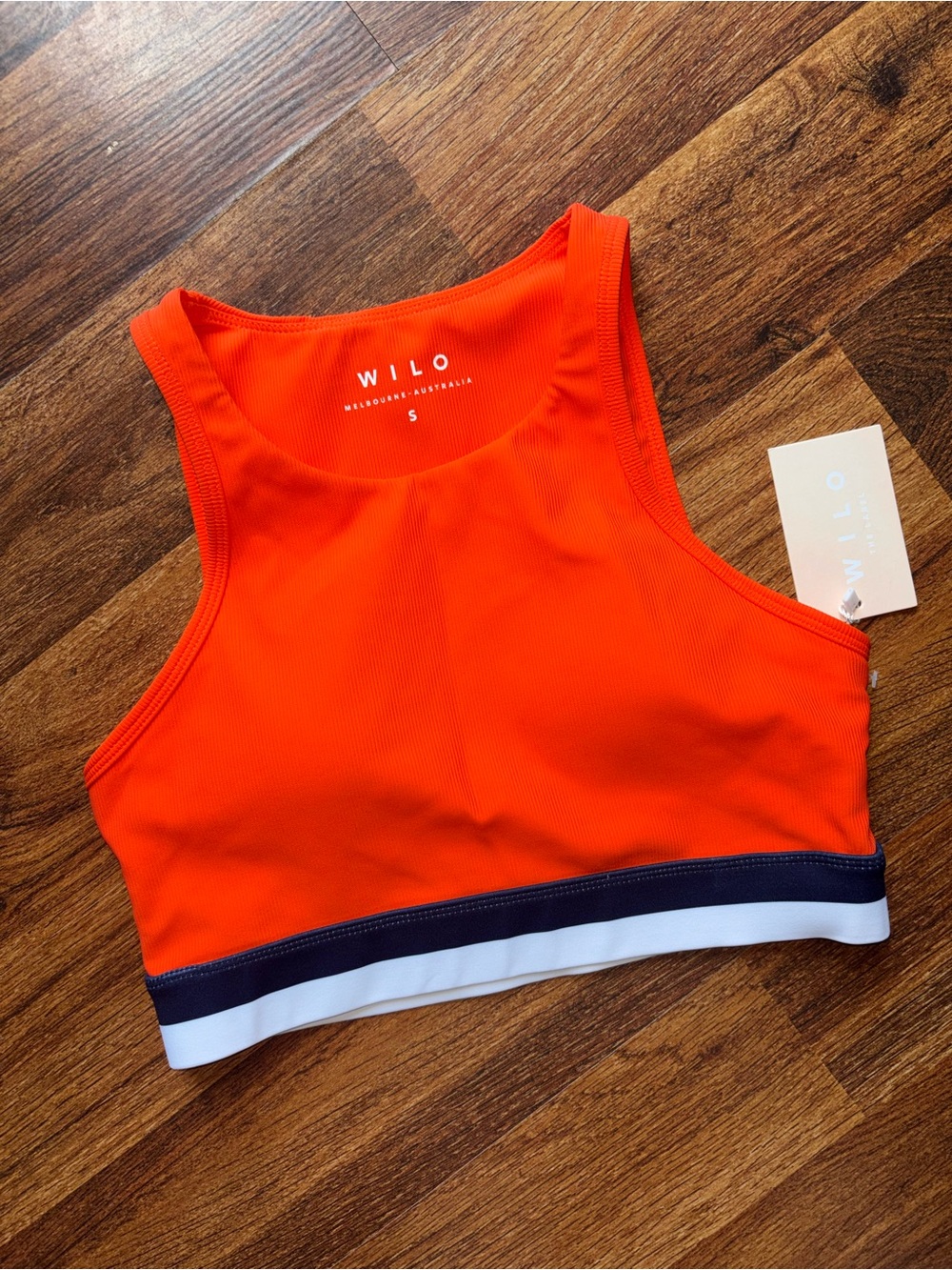 NWT Wilo Contra Sports Bra Bright Orange Navy White Size Small NEW